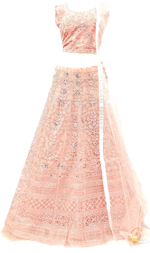 Pastel rosegold colour netting based heavy embroider with stone, mirror heavy work lehnga with crop top blouse (Size 40 (upto 42))