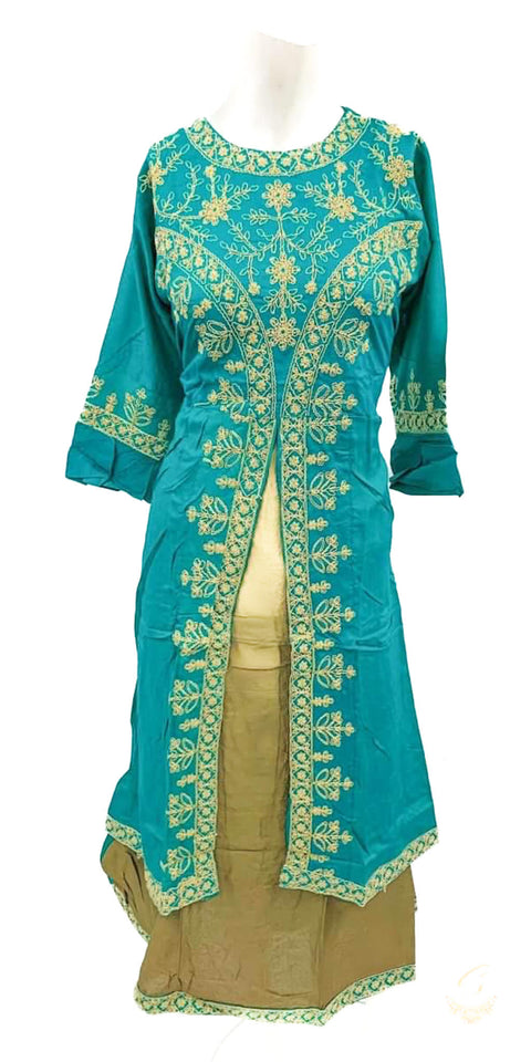 embroidery work front cut style flared rayon kurti