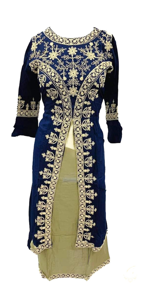 embroidery work front cut style flared rayon kurti