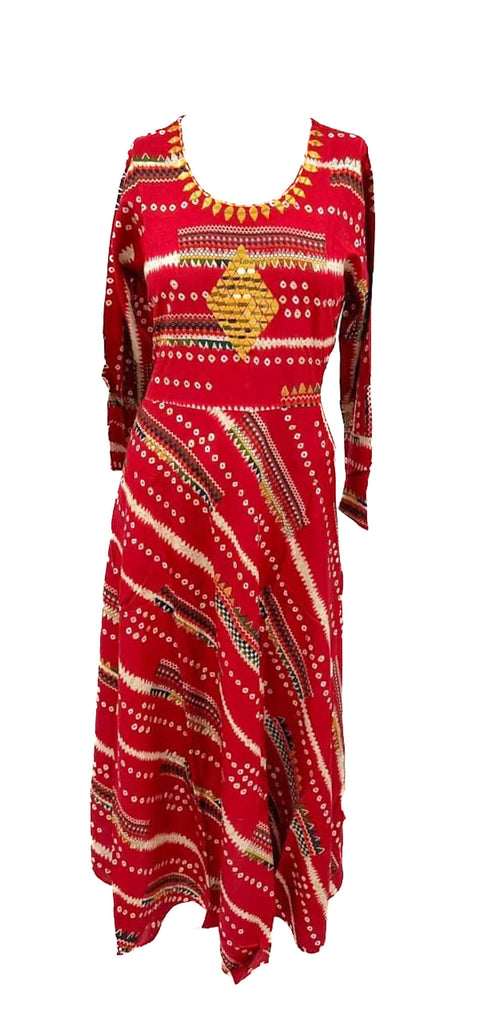 pure rayon based very soft bandhani flared kurti with mirror work design on neck