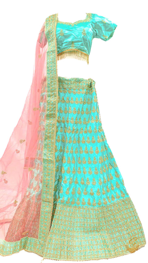 Size 40(upto 44) seafoam green colour golden shimmer thread embroidery work design lehnga with stitched blouse & peachy pink netting dupatta with heavy lace border