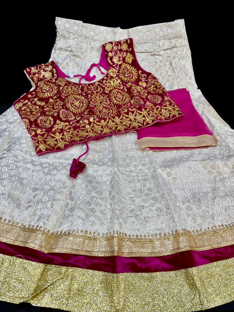 Purple Pink Colour Velvet Based Stone Work Blouse With Cream Colour Brocade Silk Based Lehnga