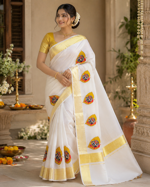 Elegant Kerala Style Gold Tissue Saree featuring a traditional golden border and vibrant motifs, (Comes With An Unstitched Running Blouse Piece Attached To The Saree (Slight Variation In Color And Design is possible)