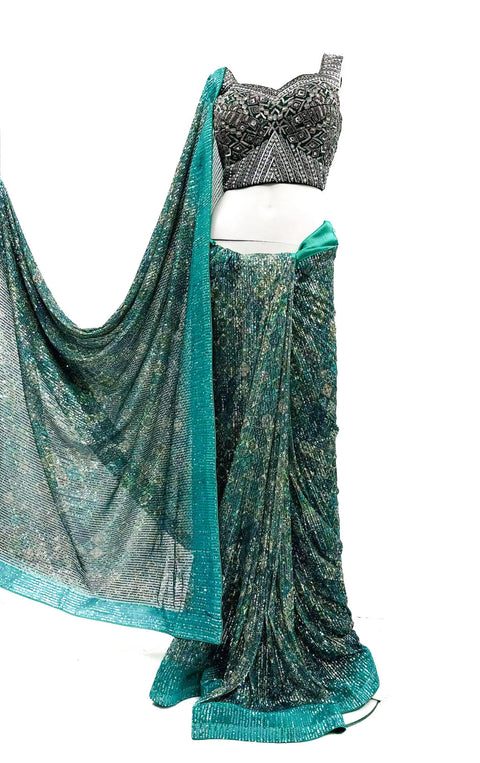Sequined Soft Fabric Designer Sarees In Print Work With Readymade Sequined Blouse