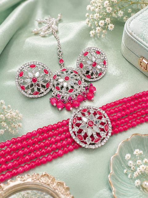 Mirrors with Jerkan fine stone with pearls beaded choker set with beautiful studs & tikka