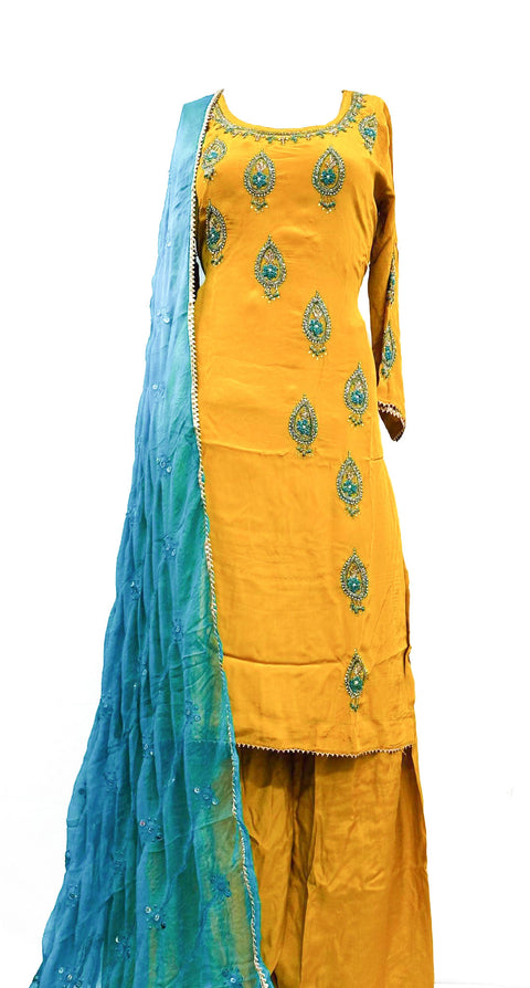 Pure Crepe based jerkan handwork heavy kameez & dupatta Salwar Suit