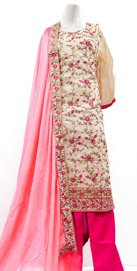 Silk based all over embroidery work with contrast plazo & dupatta