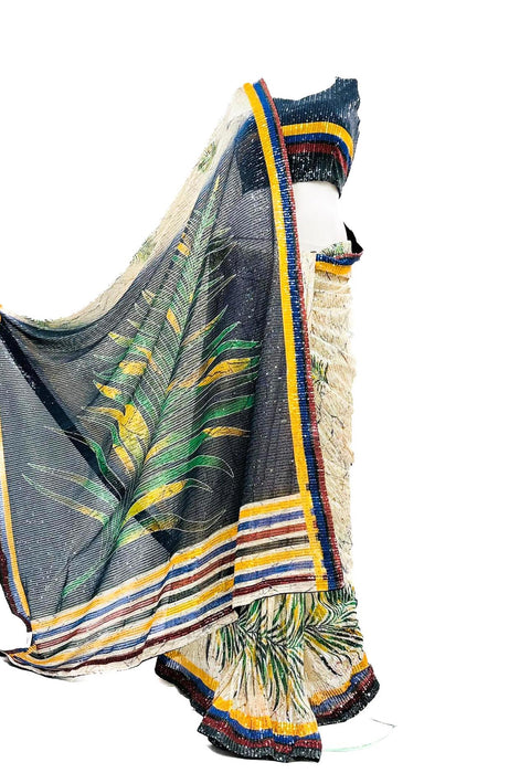 Sequined Soft fabric designer Sarees in Print Work with readymade sequined blouse