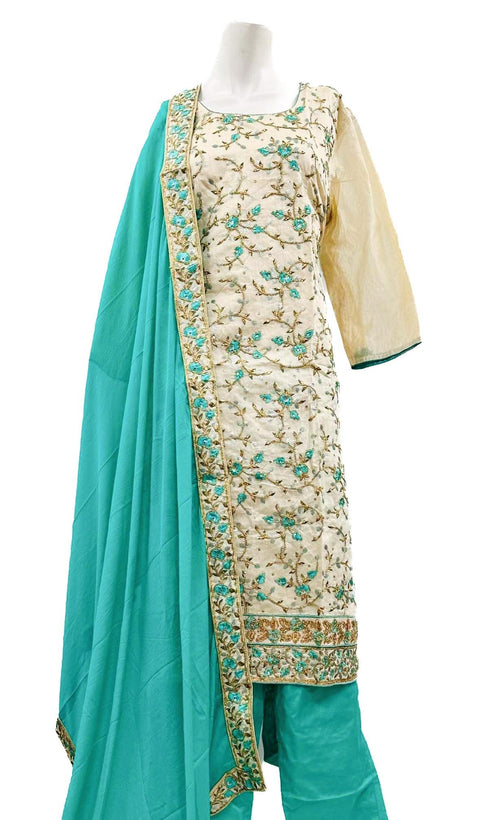 Silk based all over embroidery work with contrast plazo & dupatta