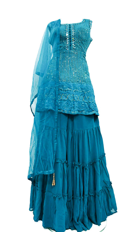 Georgette Based Chikankari With Sequined & Original mirror Work Flared Kameez & Multiflared Lehnga