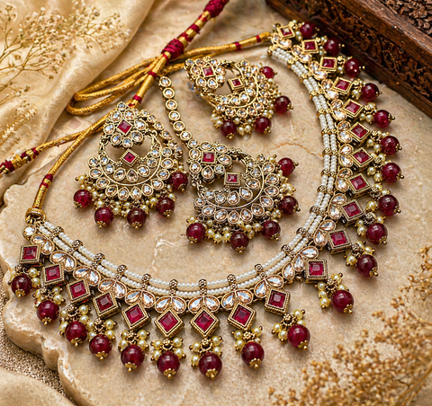 Original Polki stone with pearls beaded work beautiful necklace with jhumka and tikka set