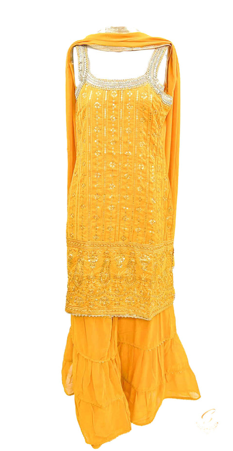 Size 38 (upto 42) deep plum colour georgette based sequin work with embroidery work all over sharara suit