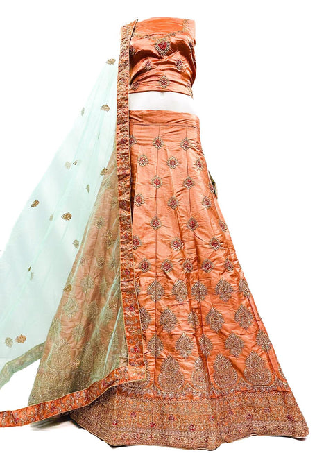 Silk based embroidery work with stone work lehnga & netting dupatta