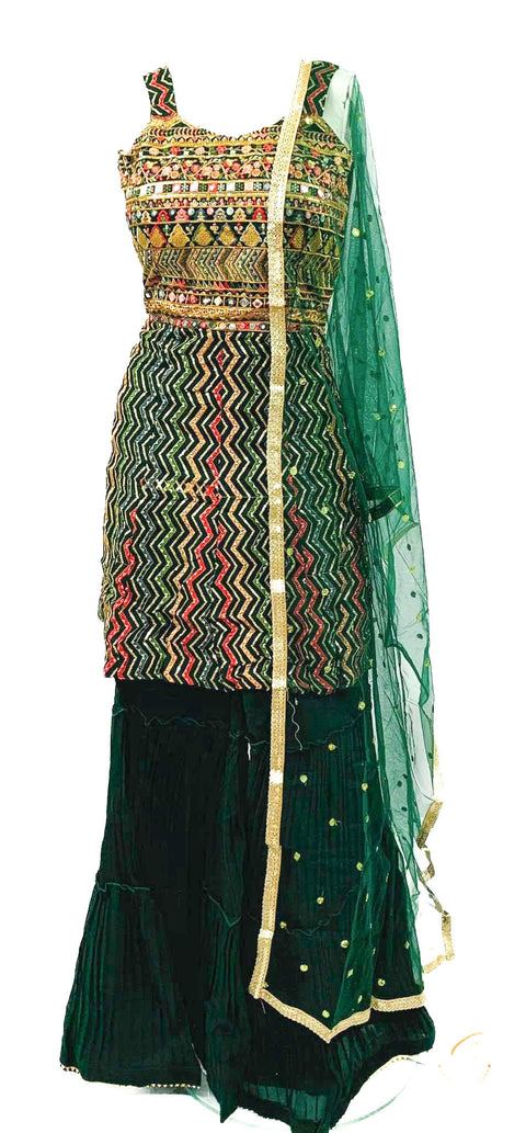Georgette Based Multicoloured Embroidery With Sequined Work Kameez With Sharara & Dupatta