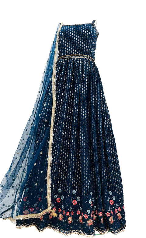 Pure Chiffon Georgette Based Sequined Work With Heavy Embroidery Work & Heavy Ken Ken Flared Gown