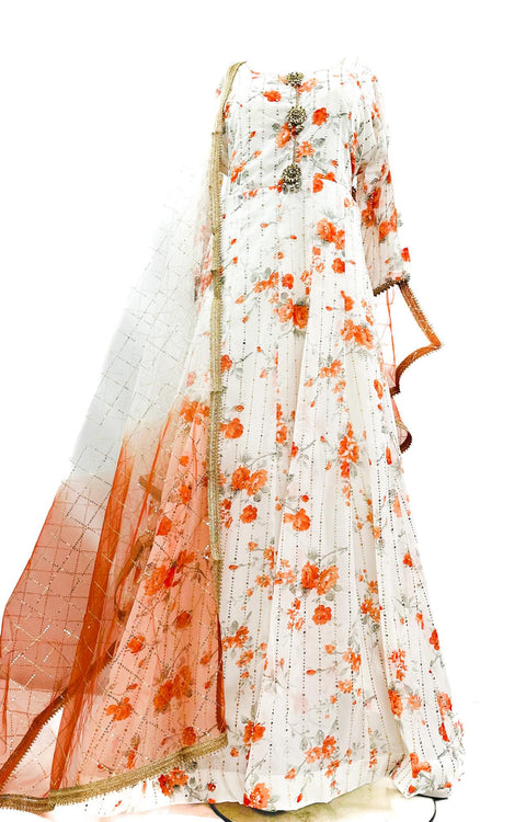 Georgette based Floral print mukaish work Gown