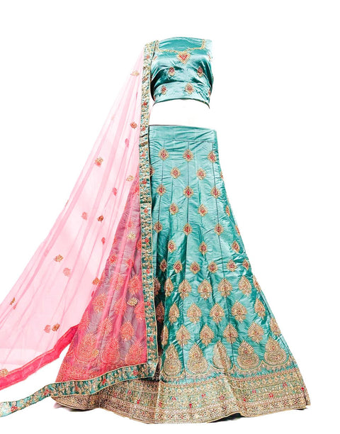 Silk based embroidery work with stone work lehnga & netting dupatta