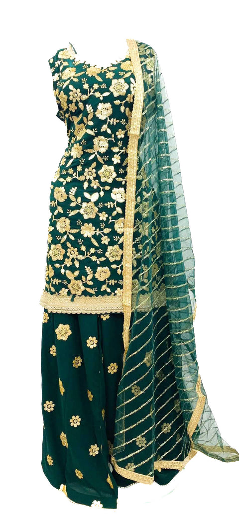 Georgette based heavy embroidery with sequined work on kameez & sharara & heavy work netting dupatta