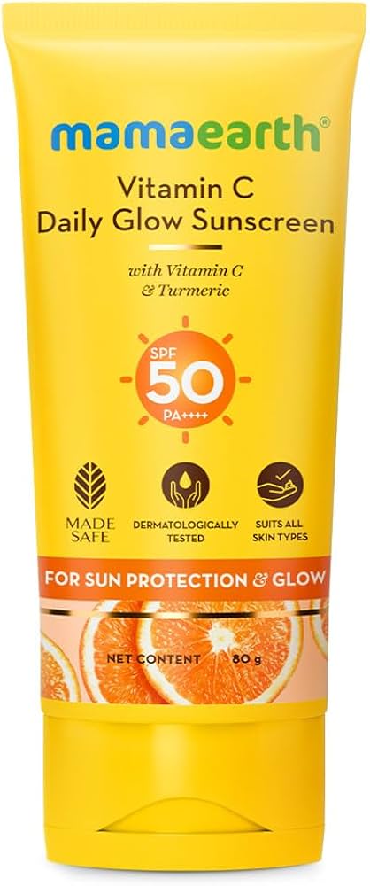 Mamaearth Vitamin C Daily Glow SPF 50 Sunscreen with PA+++ | Reduces Tanning & Gives Broad Spectrum Sun Protection | No Whitecast & Non-Greasy |50 g