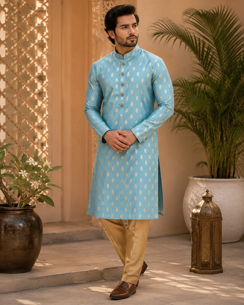 Soft Silk based Heavy brocade work designer Kurta with golden Pajama (slight variation in color and design is possible)