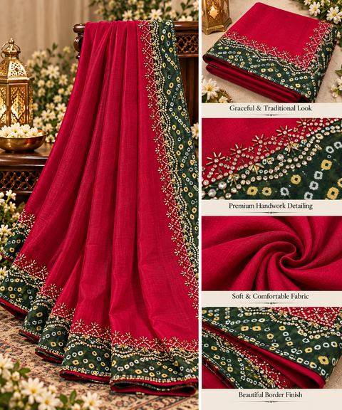Soft Saree with a beautiful contrast bandhani-style border, elegant handwork & stone detailing throughout. Soft, comfortable & easy to drape. Attached blouse piece included; model blouse is for reference only. Slight variation in colour & design may occur