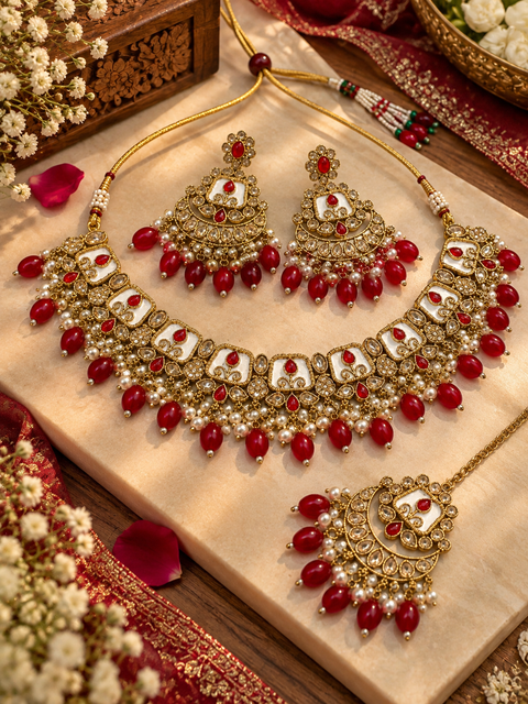 Beautiful polki stones with pearls and colorful stones necklace & earrings with Tikka. Slight variations in colour and design are possible