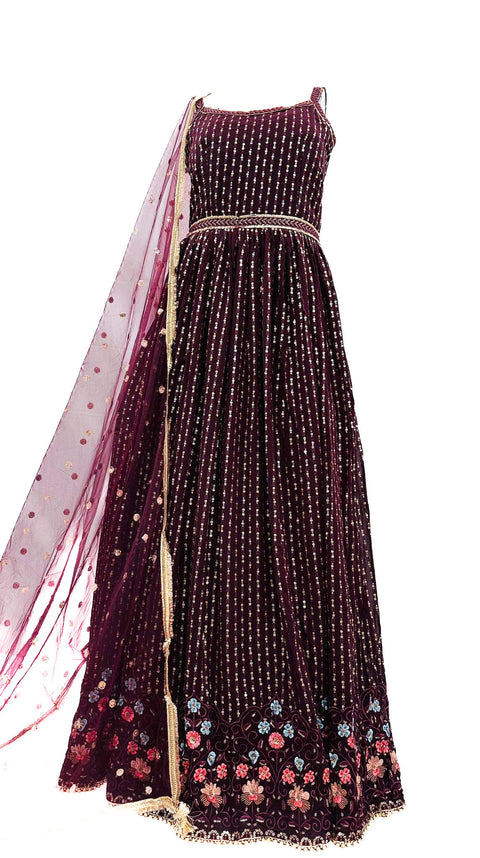 Pure Chiffon Georgette Based Sequined Work With Heavy Embroidery Work & Heavy Ken Ken Flared Gown