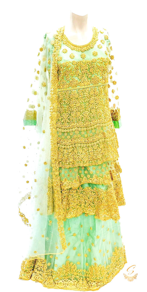 Netting based beautiful jerkan & embroidery work all over on front & Back of Kameez with stone work designed Lehnga & dupatta