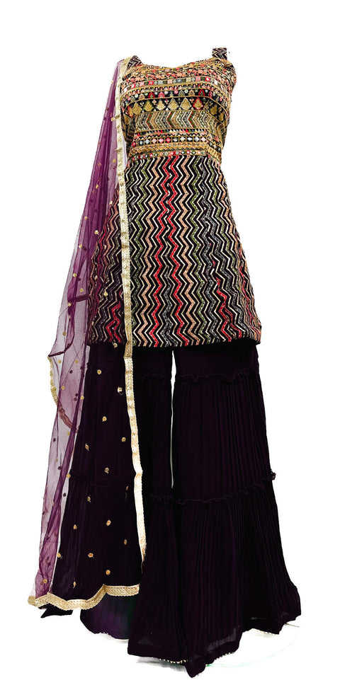 Georgette Based Multicoloured Embroidery With Sequined Work Kameez With Sharara & Dupatta