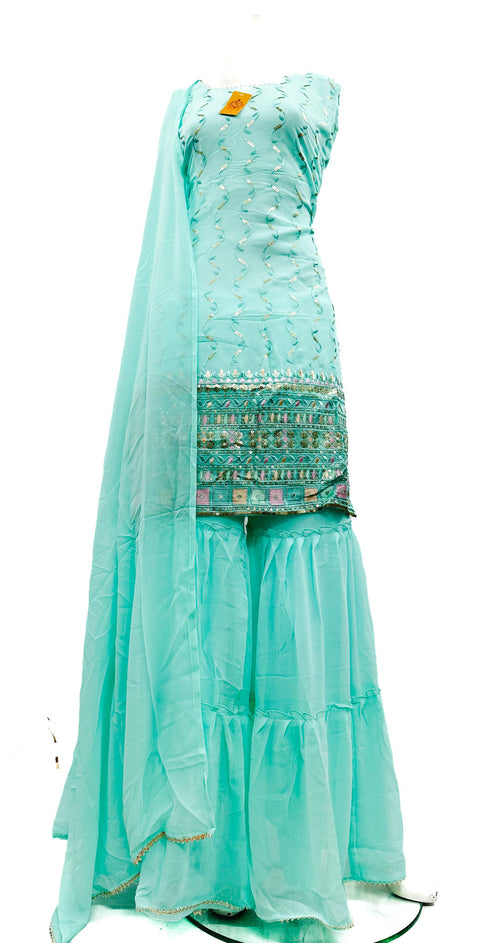 Georgette Based Multicoloured Embroidery With Sequined Work Kameez & Sharara