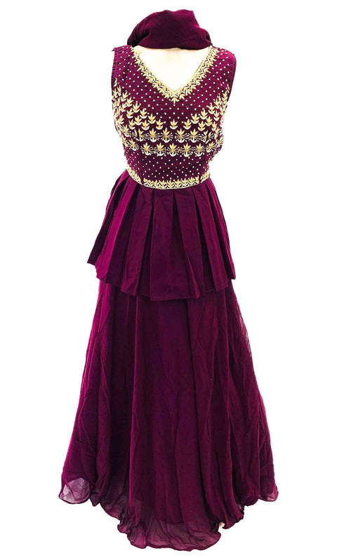 Deep wine colour georgette based hand work kameez with beautiful multiflared georgette lehnga size 36(UPTO 40)