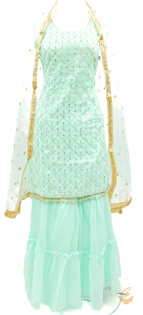Georgette based embroidery with mirror work kameez with sharara & dupatta