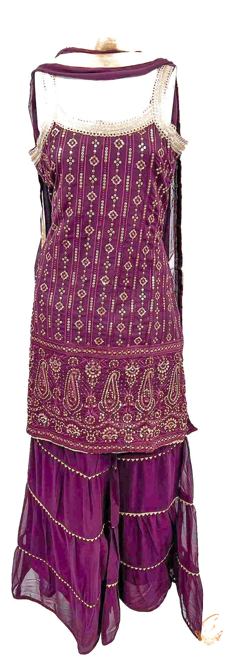 Size 38 (upto 42) deep plum colour georgette based sequin work with embroidery work all over sharara suit