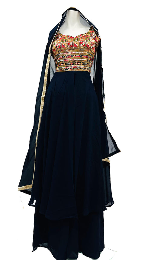 Pure Georgette Based Heavy Handwork Nayra Cut Kameez With Circular Sharara & Dupatta