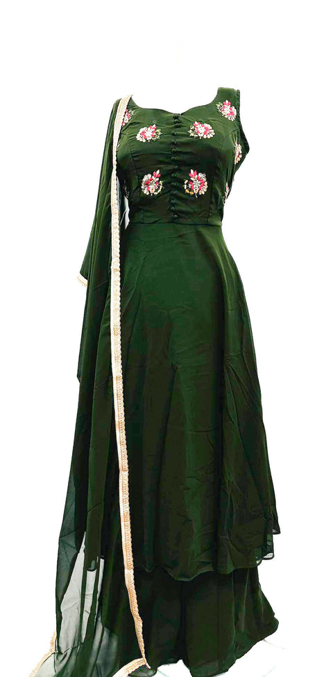 Pure georgette based heavy handwork nayra cut kameez with circular sharara & dupatta