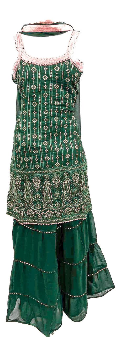 Size 38 (upto 42) deep plum colour georgette based sequin work with embroidery work all over sharara suit