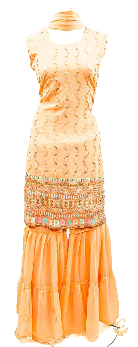 Georgette Based Multicoloured Embroidery With Sequined Work Kameez & Sharara