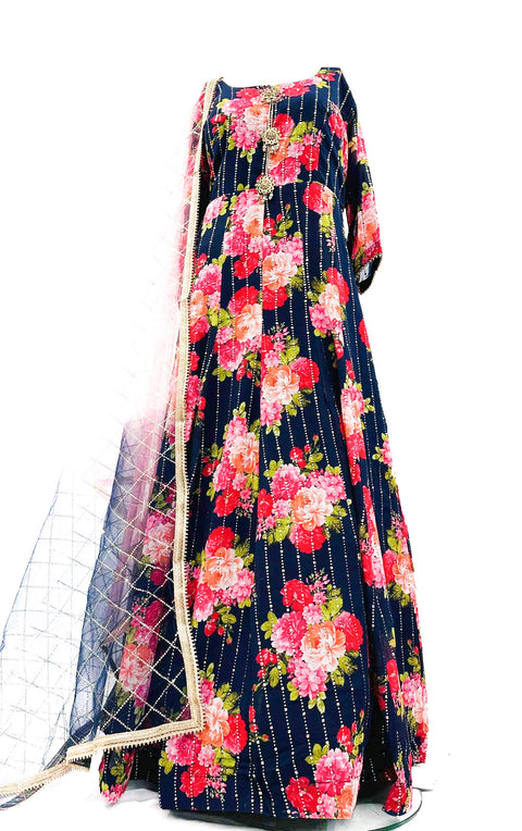 Georgette based Floral print mukaish work Gown