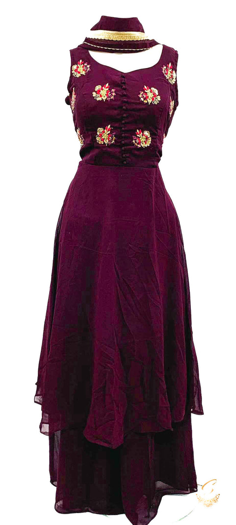 Pure georgette based heavy handwork nayra cut kameez with circular sharara & dupatta