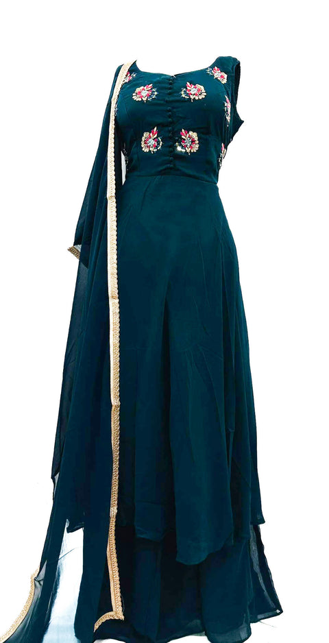 Pure georgette based heavy handwork nayra cut kameez with circular sharara & dupatta