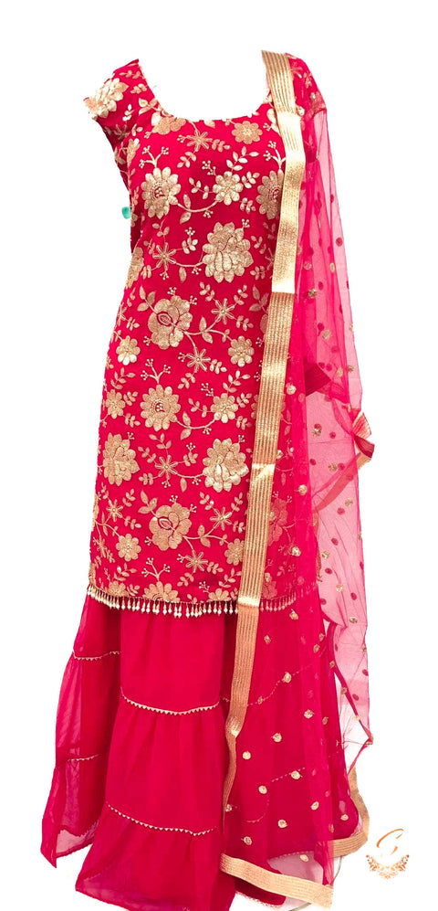 Georgette based heavy embroidery with sequined work on kameez & sharara & heavy work netting dupatta
