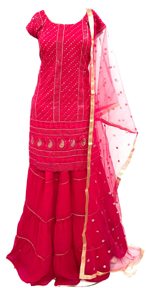 Georgette based embroidery with sequined work kameez with sharara & dupatta
