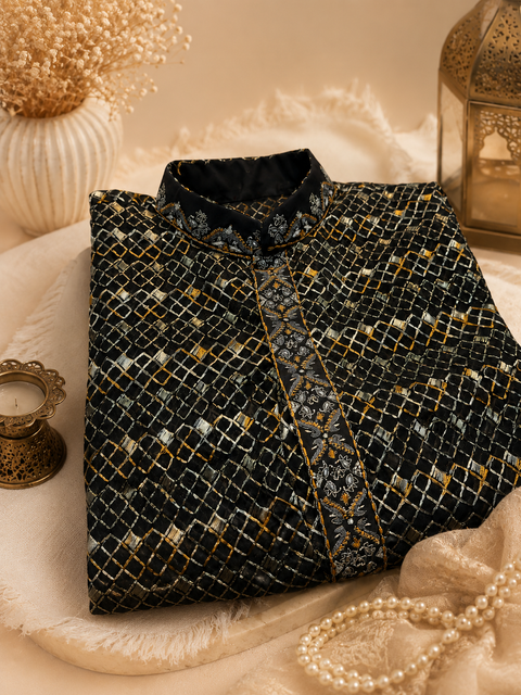 Black colour Lightweight georgette fabric with a sheer finish with embroidery work & pajama pants (slight variation in color and design is possible )