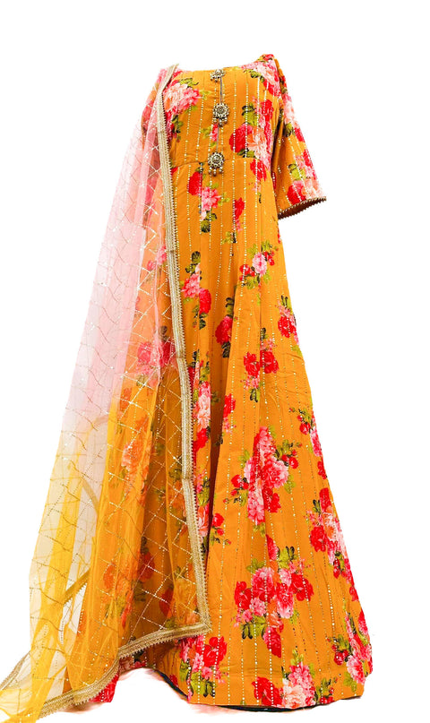 Georgette based Floral print mukaish work Gown