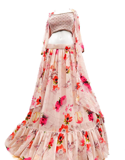 Chiffon based chikankari work crop top & Floral Printed Lehnga