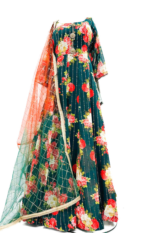 Georgette based Floral print mukaish work Gown