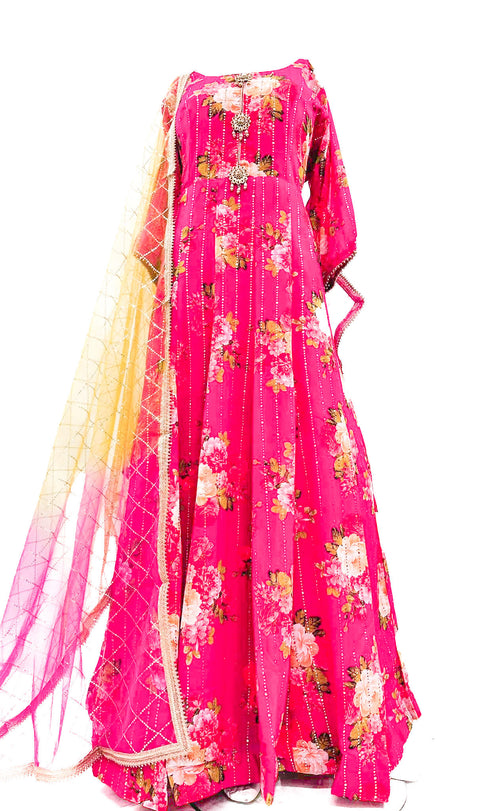 Georgette based Floral print mukaish work Gown