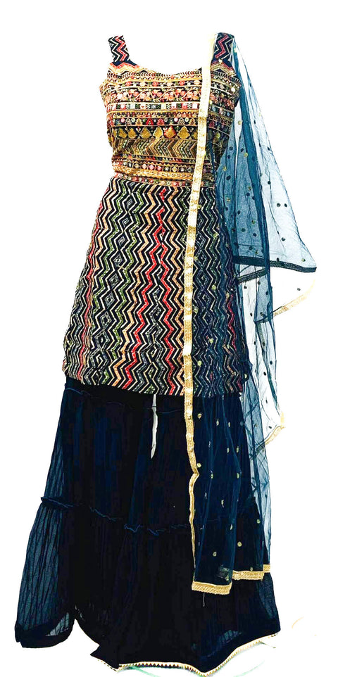 Georgette Based Multicoloured Embroidery With Sequined Work Kameez With Sharara & Dupatta