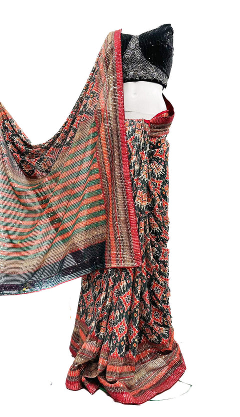 Sequined Soft Fabric Designer Sarees In Print Work With Readymade Sequined Blouse