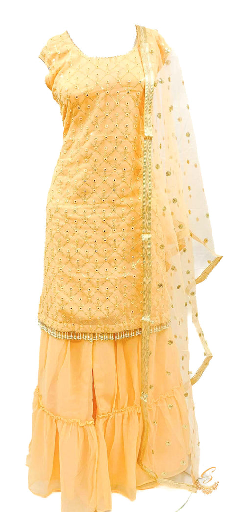 Georgette based embroidery with mirror work kameez with sharara & dupatta